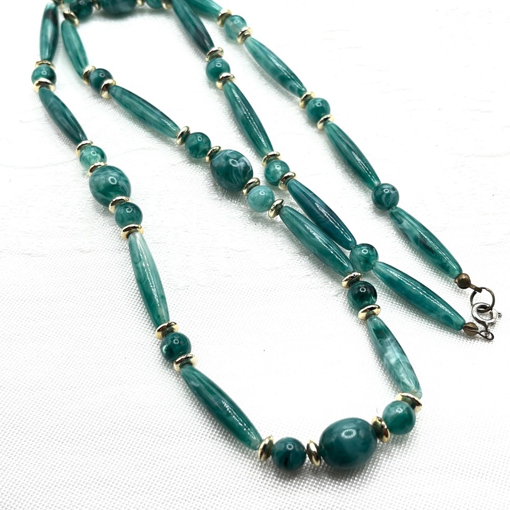 Vintage Teal Marbled Lucite 29" Necklace w/ Gold Tone Spacer Beads